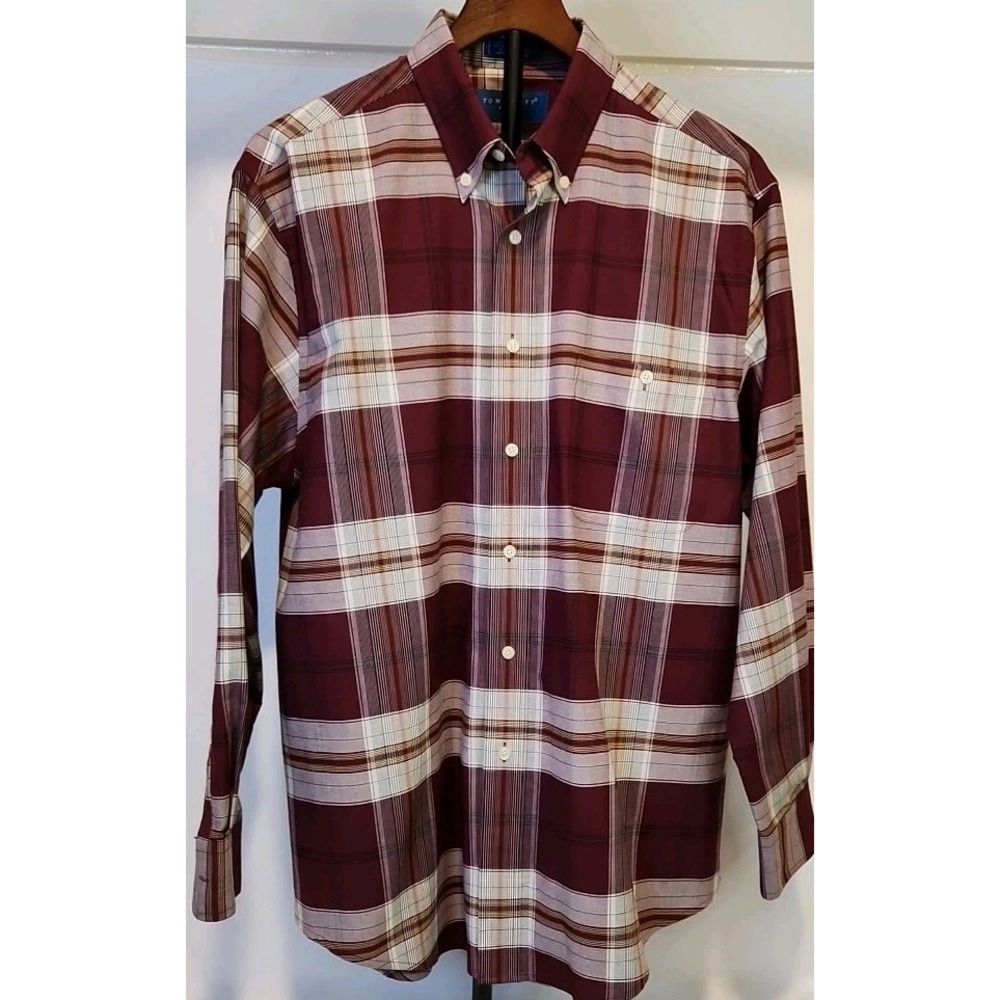 Vtg TownCraft Mens M Long Sleeve Shirt Plaid Maroon White Plaid Nice